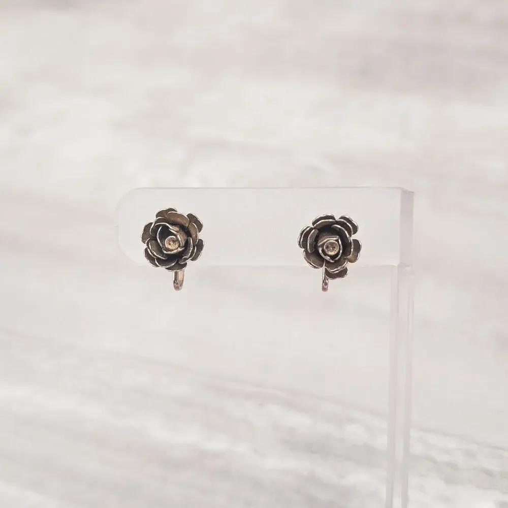 Vintage Screw On Earrings Flower Dark Gold Tone - Fair Condition